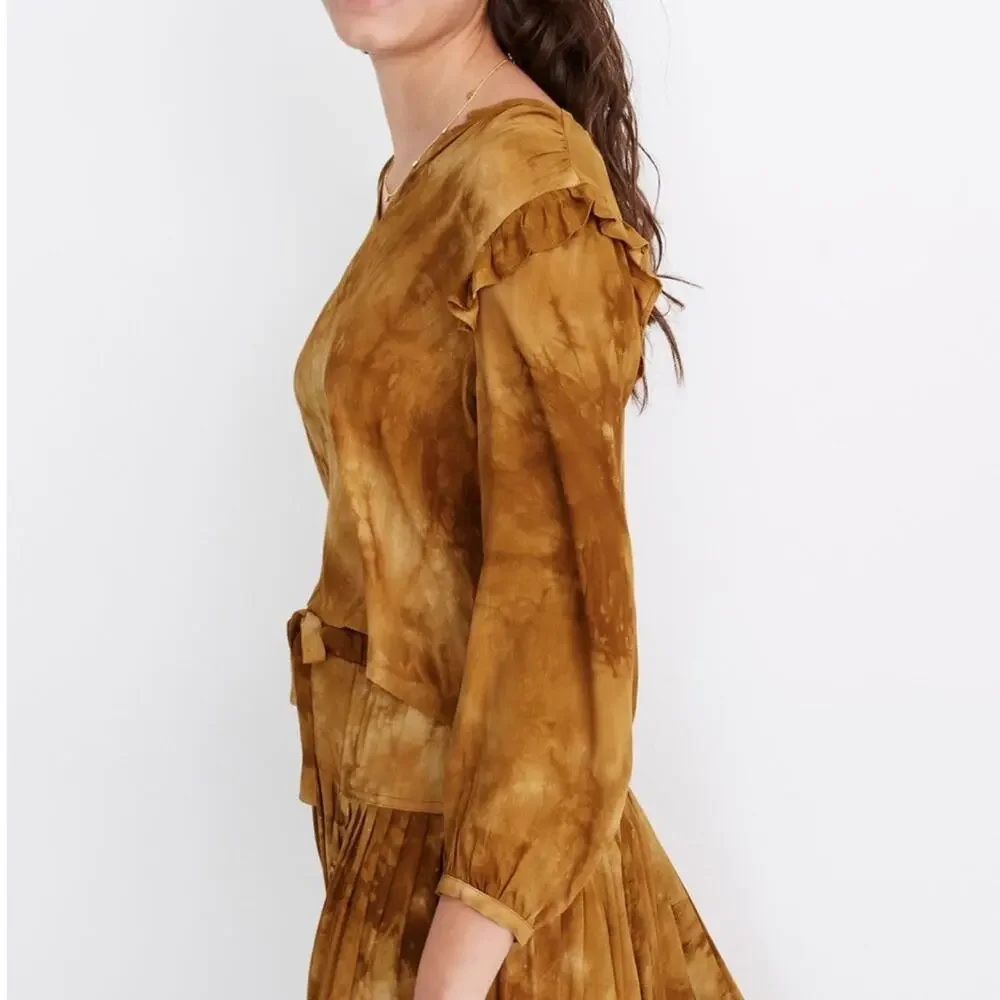 Madewell Tie-dyed Gold Blouse Puff Sleeve Ruffled Slightly Cropped Top